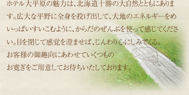 ホテル大平原の魅力は、北海道十勝の大自然とともにあります。広大な平野に全身を投げ出して、大地のエネルギーをめいっぱいすいこむように、からだのぜんぶを使って感じてください。目を閉じて感覚を澄ませば、じんわり心にしみてくる。お客様の御趣向にあわせていくつものお寛ぎをご用意してお待ちいたしております。