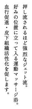 押し流されるほど強烈なジェット流。好みの位置に立って入る運動マッサージ浴。血行促進・皮下組織活性化を促します。