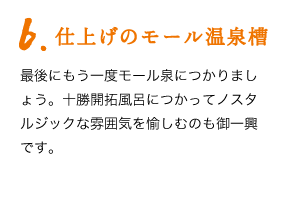 6.仕上げのモール温泉槽　最後にもう一度モール泉につかりましょう。十勝開拓風呂につかってノスタルジックな雰囲気を愉しむのも御一興です。